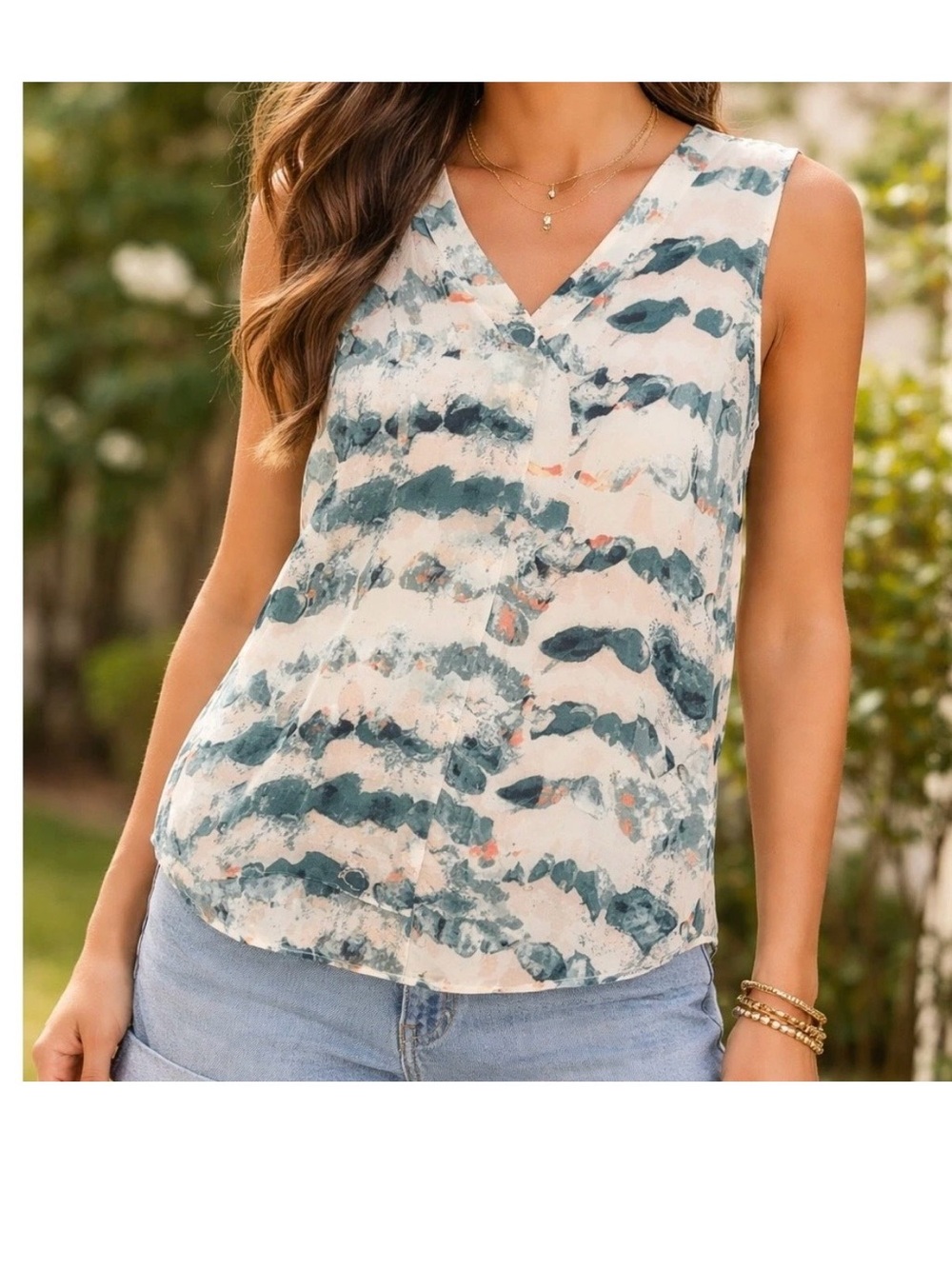 CAbi Painted Stripe V-Neck Sleeveless Top - Pink, Teal, Coral
